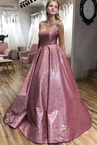 Unique A line Pink Sequins Spaghetti Straps Prom Dresses, Evening SJS15678