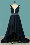 V Neck A Line Satin Prom Dresses With Beaded Waistline Asymmetrical