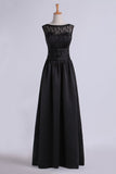 Prom Dresses Bateau A Line With Beaded Tulle Bodice Pick Up Long Satin Skirt