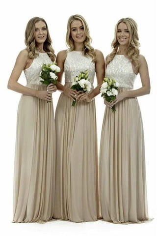 A Line Lace Top Long Chiffon Sleeveless Floor Length Bridesmaid Dresses