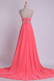 Pleated Bodice Low Back Chiffon Sleeveless A Line Spaghetti Straps Prom Dress