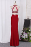 Halter Two-Piece Beaded Bodice Sheath Open Back Prom Dresses Spandex & Tulle Floor Length