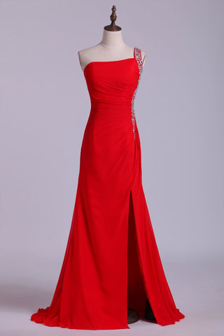 Petite Size Evening Dresses Floor Length One Shoulder Chiffon With Slit