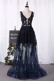 Open Back V Neck Prom Dresses A Line Tulle With Applique