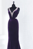 Sexy Open Back Velvet Evening Dresses V Neck Mermaid Sweep Train