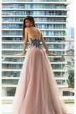 Scoop Prom Dress Tulle Scoop Floor Length Appliques Covered Button