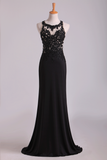 Popular Black Scoop Sheath/Column Prom Dresses With Beading And Applique