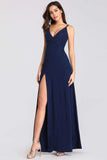 Sexy V Neck Long Spaghetti Straps Mermaid Navy Blue Prom Dresses with High Split SJS15366