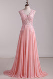 A Line V Neck Prom Dresses Chiffon With Applique Sweep Train