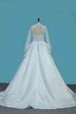 Long Sleeves Satin Wedding Dresses High Neck Open Back A Line