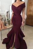 Off The Shoulder Evening Dresses Mermaid Satin With Sash And Slit Sweep Train