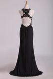 Popular Black Scoop Sheath/Column Prom Dresses With Beading And Applique