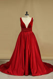 Open Back V Neck Velvet & Satin With Beading A Line Prom Dresses