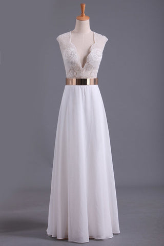 White V Neck Beaded Bodice Prom Dresses A Line Chiffon With Sash And Slit