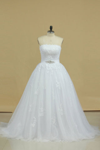 New Arrival Strapless With Applique And Sash Tulle Court Train Wedding Dresses