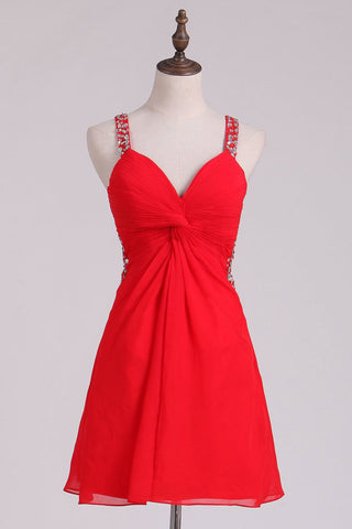 Straps A Line Open Back Homecoming Dress With Beads And Ruffles Short/Mini