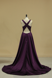 Grape V Neck Evening Dresses A Line With Slit & Ruffles Sweep Train