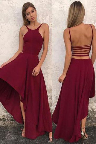 Unique A Line Burgundy High Low Sleeveless Backless Prom Dresses, Cheap Evening Dresses SJS15450