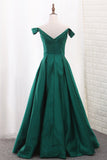 Satin Prom Dresses A Line Off The Shoulder With Beading New Arrival