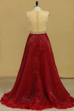 Scoop A Line Prom Dresses Organza With Sash & Applique Burgundy/Maroon