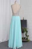 Open Back V Neck Beaded Bodice Prom Dresses A Line Chiffon Floor Length