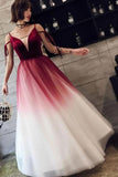 A Line Spaghetti Straps Ombre Long Tulle Prom Dresses, Burgundy V Neck Evening Dress SJS15029