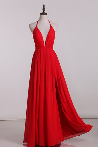 Spaghetti Straps A Line Chiffon With Slit Open Back Evening Dresses