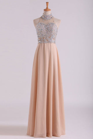 High Neck Prom Dresses A Line Chiffon Sweep Train