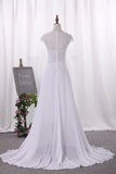 Wedding Dresses Scoop Cap Sleeves Chiffon With Applique Slit