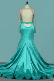 Sexy Open Back Prom Dresses Mermaid Scoop Long Sleeves Satin