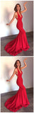 Stunning Red V Neck Open Back Trumpet Prom Dresses