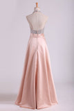 Open Back Halter Prom Dresses Beaded Bodice Satin Floor-Length