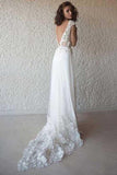 A-Line V-Neck Cap Sleeves Tulle Beach Wedding Dresses With Appliques