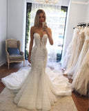 Sweetheart Sleeveless Mermaid Wedding Dresses Sweep Train with Sequins