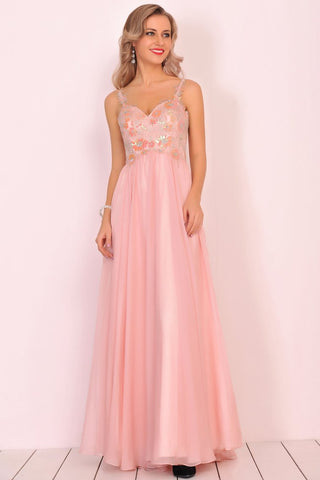 A Line Spaghetti Straps Prom Dresses Chiffon With Beads And Applique