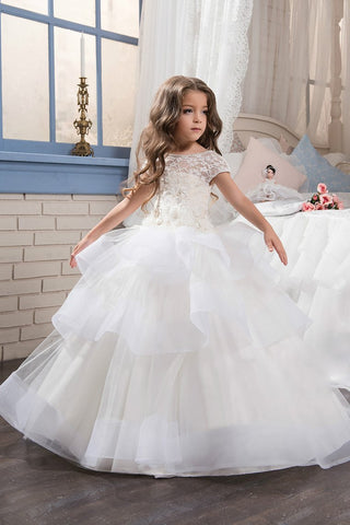 Flower Girl Dresses Ball Gown Scoop Short Sleeves Tulle With Handmade Flowers