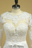 Hot Wedding Dresses Scoop Long Sleeves With Applique & Sash Tulle