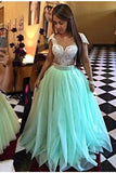 Scoop Prom Dresses A Line Tulle With Applique And Beads Sweep Train Detachable