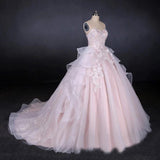 Ball Gown Strapless Sweetheart Wedding Dresses with Lace Applique, Tulle Prom Dresses SJS15070