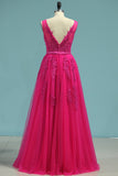 V Neck Prom Dresses A Line Tulle With Applique Open Back