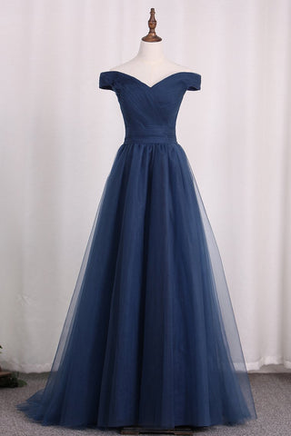 Tulle A Line Off The Shoulder Prom Dresses Ruffled Bodice Sweep Train