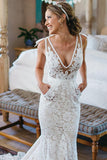 Gorgeous V Neck Sleeveless Court Train Backless Lace Appliques Wedding Dresses