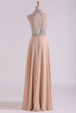 High Neck Prom Dresses A Line Chiffon Sweep Train