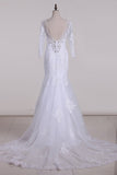 V-Neck 3/4 Length Sleeve Wedding Dresses Mermaid Tulle With Beads And Applique Court Train