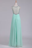 Mint Scoop A Line Prom Dresses Chiffon With Beads & Ruffles Floor Length