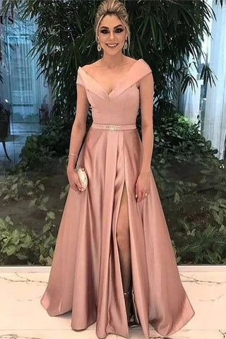 A-Line Off-The-Shoulder Satin Prom Formal Dress With Split