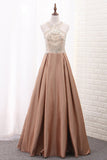 A Line Scoop Satin Prom Dresses With Beads Sweep Train