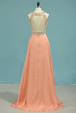 Sexy Open Back Bateau A Line Prom Dresses Chiffon With Slit And Beading