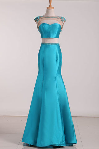 Two Pieces Prom Dresses Satin With Beading Sweep Train