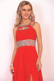 New Arrival Scoop Prom Dresses A Line Chiffon With Beads And Ruffles